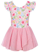 Girls pink floral sparkle ballet leotard dress with flutter sleeves and sequin chiffon skirt, elegant dancewear for young dancers.