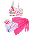 Girls Pink Floral three piece swimsuit featuring a floral printed bottom and matching skirt for summer swimming.