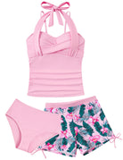 Pink girls three piece swimsuit set with floral print pattern