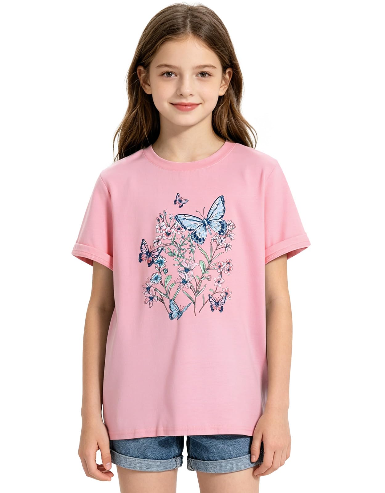 Girls pink graphic cotton T shirt with cute print design, soft stretch fabric for school and everyday outfits.