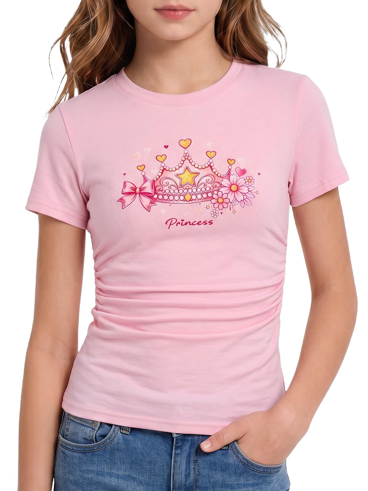 Girls pink graphic ruched side T shirt with stylish design and comfortable stretch fabric for everyday wear.