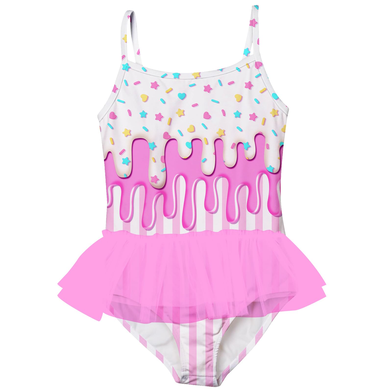 Girls pink ice cream print tutu swimsuit with ruffle skirt design, adorable one piece bathing suit for summer vacations.