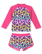 Girls pink leopard print swimwear set with long sleeve rash guard and shorts, stylish kids swimsuit for pool and beach.