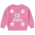 Girls pink knit sweater with Lil Sister lettering and daisy details, a cute sibling-themed top for fall and winter outfits.