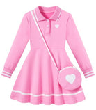Girls pink long sleeve polo dress with heart crossbody bag, classic collared dress design for school, parties and everyday wear.