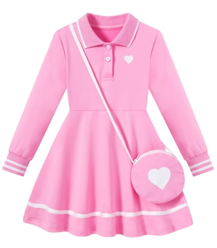 Girls pink long sleeve polo dress with heart crossbody bag, classic collared dress design for school, parties and everyday wear.