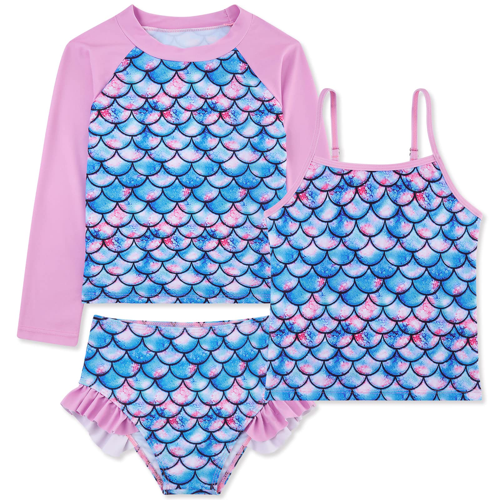 Girls pink mermaid rash guard swimsuit set with adjustable tankini straps and ruffle shorts, playful swimwear for young girls.