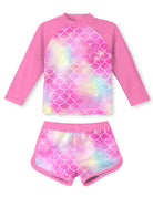 Girls pink mermaid printed swim set with long sleeve rash guard top and shorts, adorable summer swimsuit for girls.