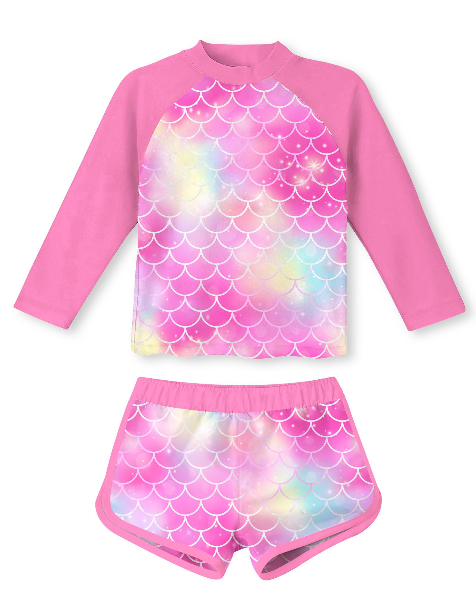 Girls pink mermaid printed swim set with long sleeve rash guard top and shorts, adorable summer swimsuit for girls.