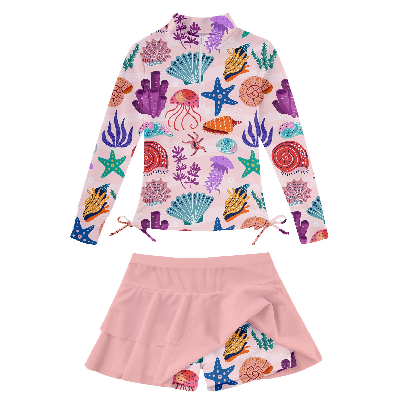 Girls pink ocean inspired printed long sleeve swimsuit set with skirt, colorful kids beachwear for sunny summer adventures.