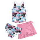 Girls pink palm tree 3 piece tankini swimsuit set with tank style top, matching briefs and ruffle swim skirt for summer beach activities.