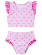 Girls pink polka dot two piece bikini set with ruffled shoulder top and matching high-waist bottoms for cute summer swimwear.