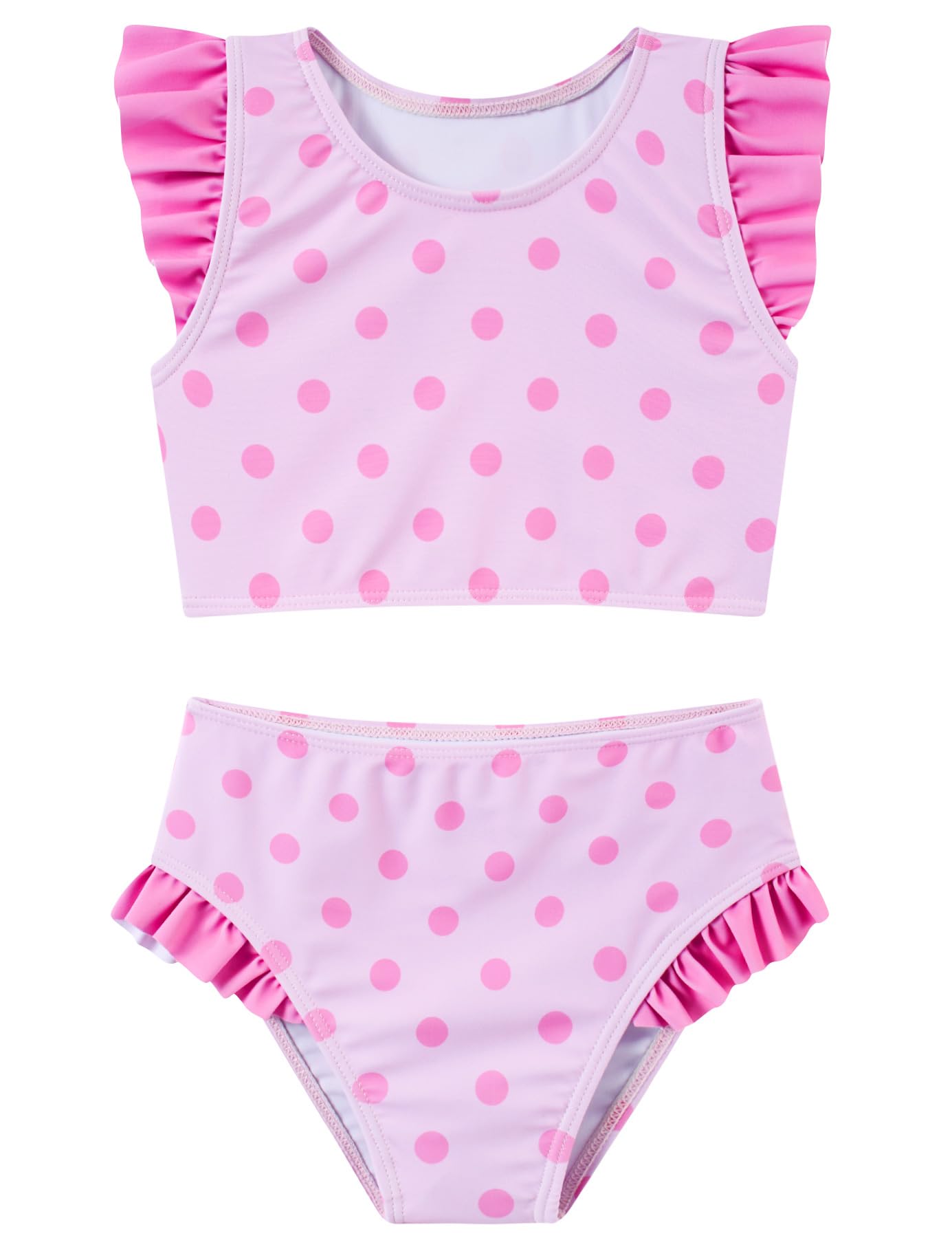 Girls pink polka dot two piece bikini set with ruffled shoulder top and matching high-waist bottoms for cute summer swimwear.