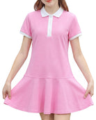 Girls pink polo dress with white collar, button placket and A-line skirt design, classic casual dress for school and everyday wear.