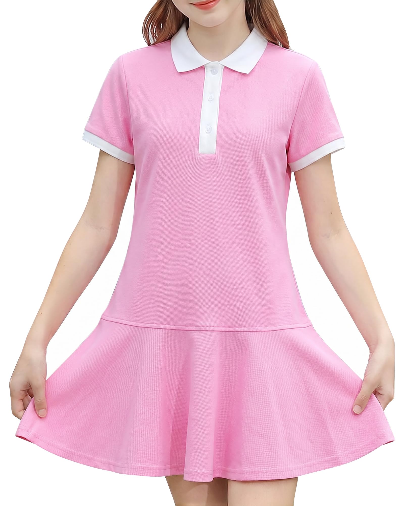 Girls pink polo dress with white collar, button placket and A-line skirt design, classic casual dress for school and everyday wear.