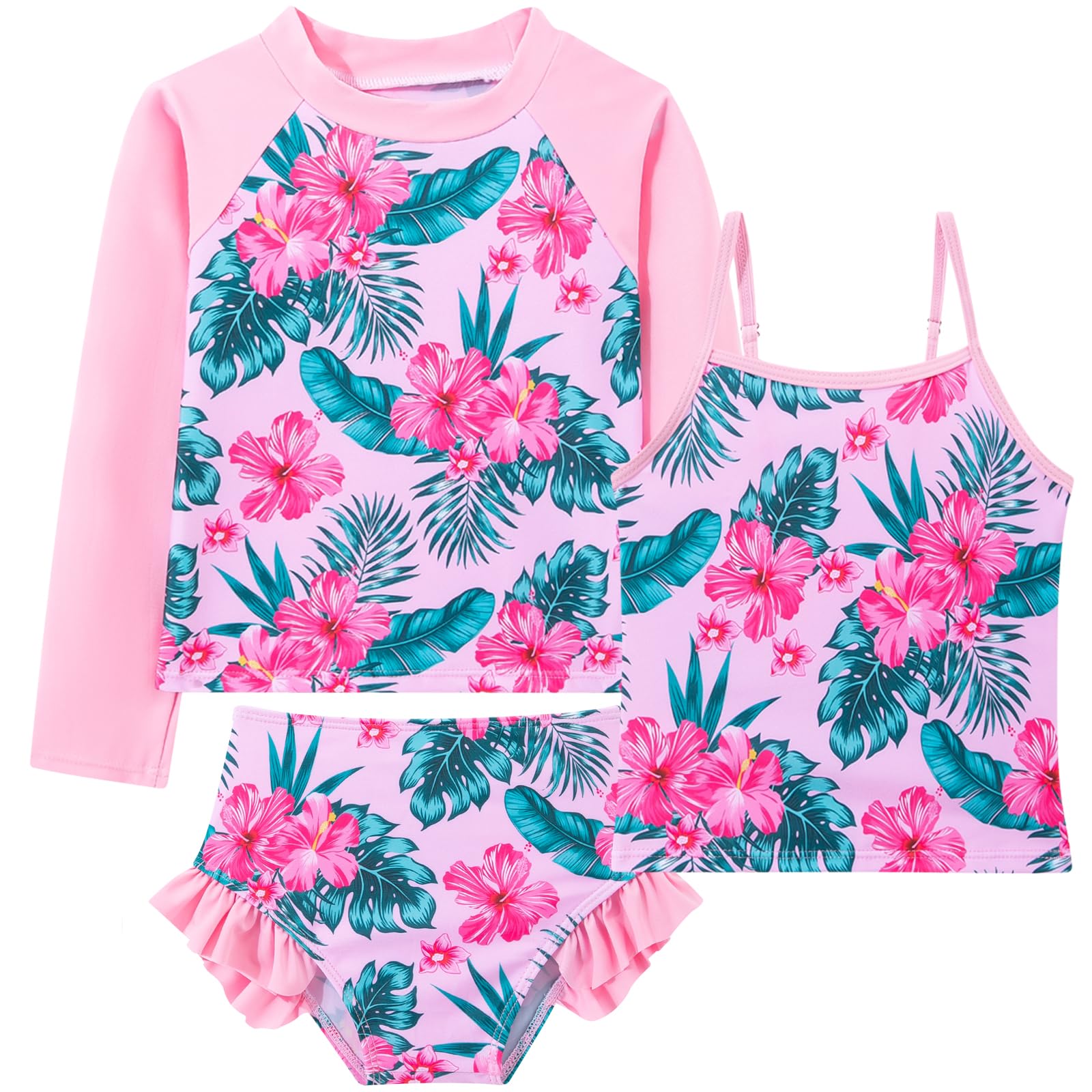 Girls pink printed rash guard swim set with long sleeve top, tankini and ruffle shorts for summer swimming.