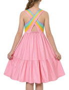 Girls pink rainbow strap sundress with colorful cross straps, lightweight summer dress with a comfortable fit for daily wear and vacations.