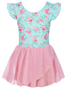 Girls pink rose printed ballet leotard dress with ruffle sleeves and sequin skirt for dance activities.