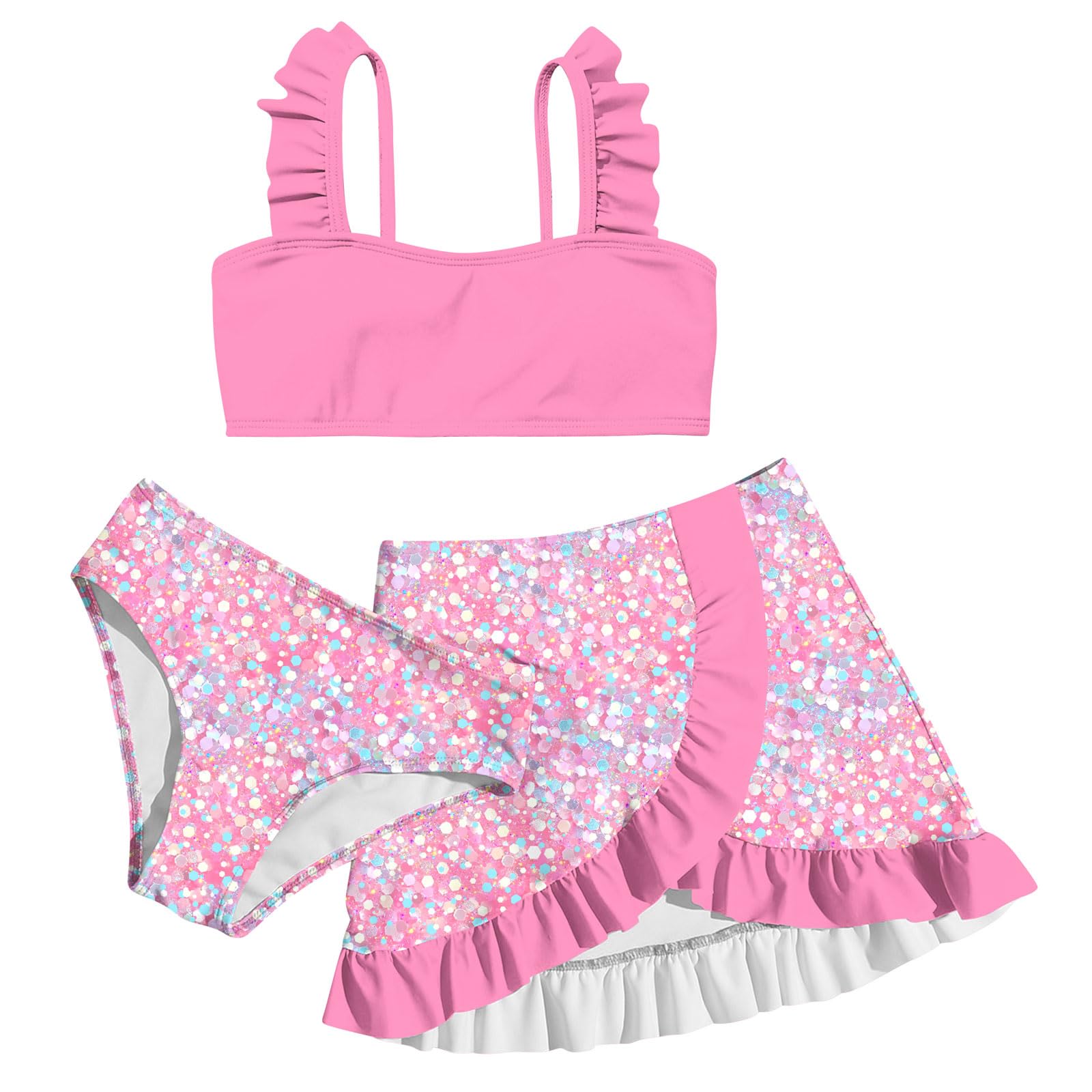 Girls pink 3 piece bikini swim set with solid pink ruffle top, floral bottoms and matching ruffle swim skirt for summer swimming.