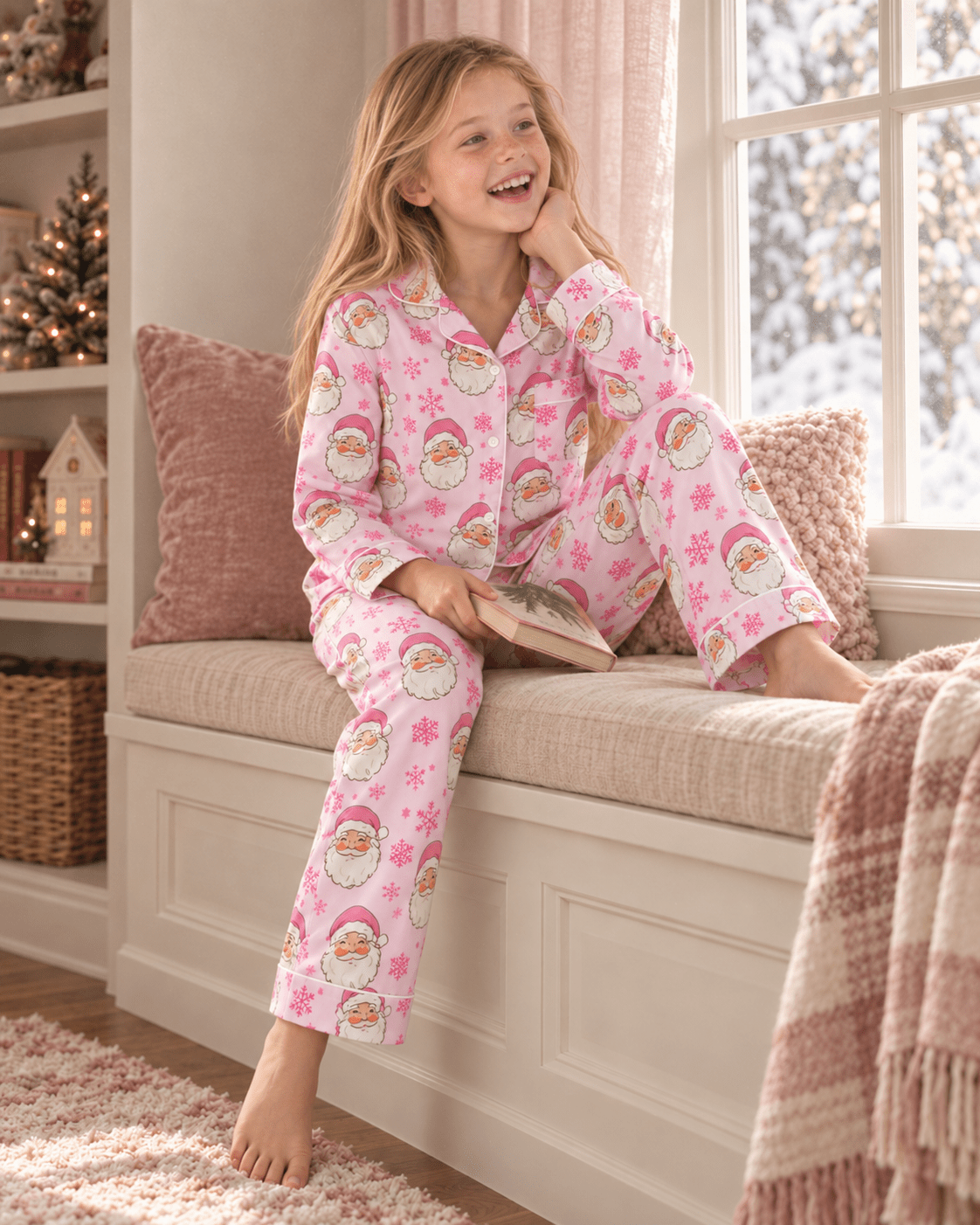 Girl relaxing by the window while wearing a pink Santa Claus pajama set, showing the comfortable fit and cozy holiday sleepwear style.