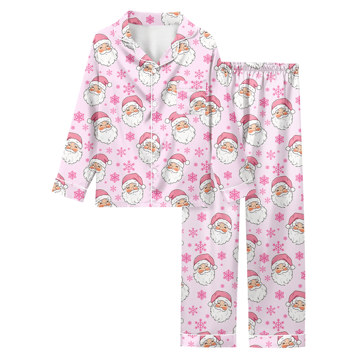 Girls pink Santa Claus Christmas pajama set with short sleeve top and matching long pants, featuring festive holiday print and soft stretch fabric.