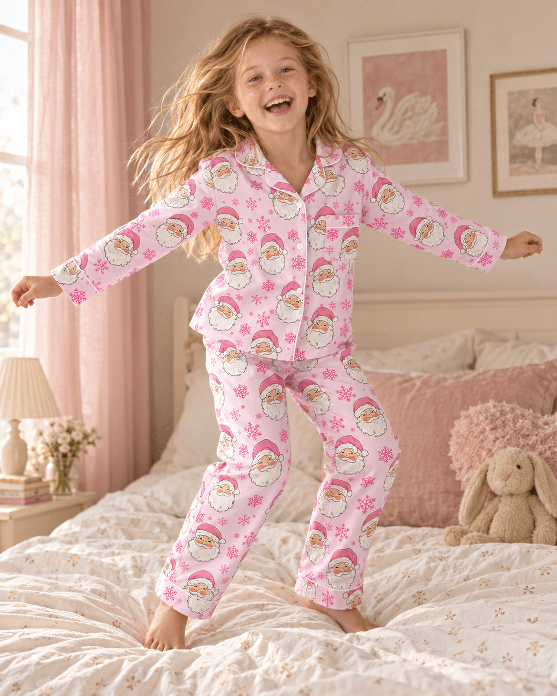 Girl standing on the bed wearing a pink Santa Claus Christmas pajama set, showing the full two piece sleepwear design and festive holiday pattern.