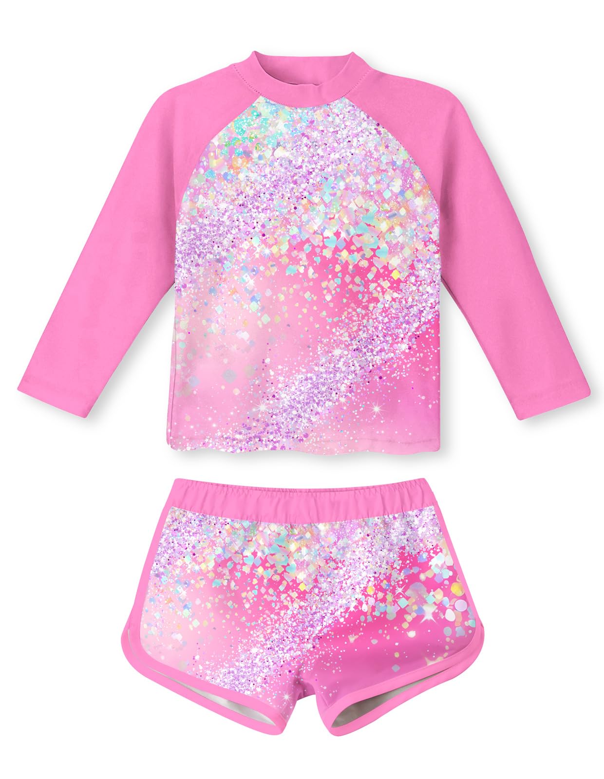 Girls pink sequin print swimsuit set with long sleeve rash guard top and shorts, fun sparkling swimwear for summer.