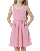 Girls pink sleeveless dress set with matching shorts, contrast trim and side pockets, cute casual summer outfit for kids.