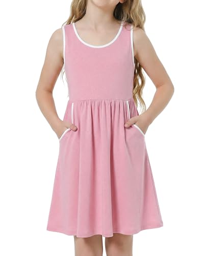 Girls pink sleeveless dress set with matching shorts, contrast trim and side pockets, cute casual summer outfit for kids.