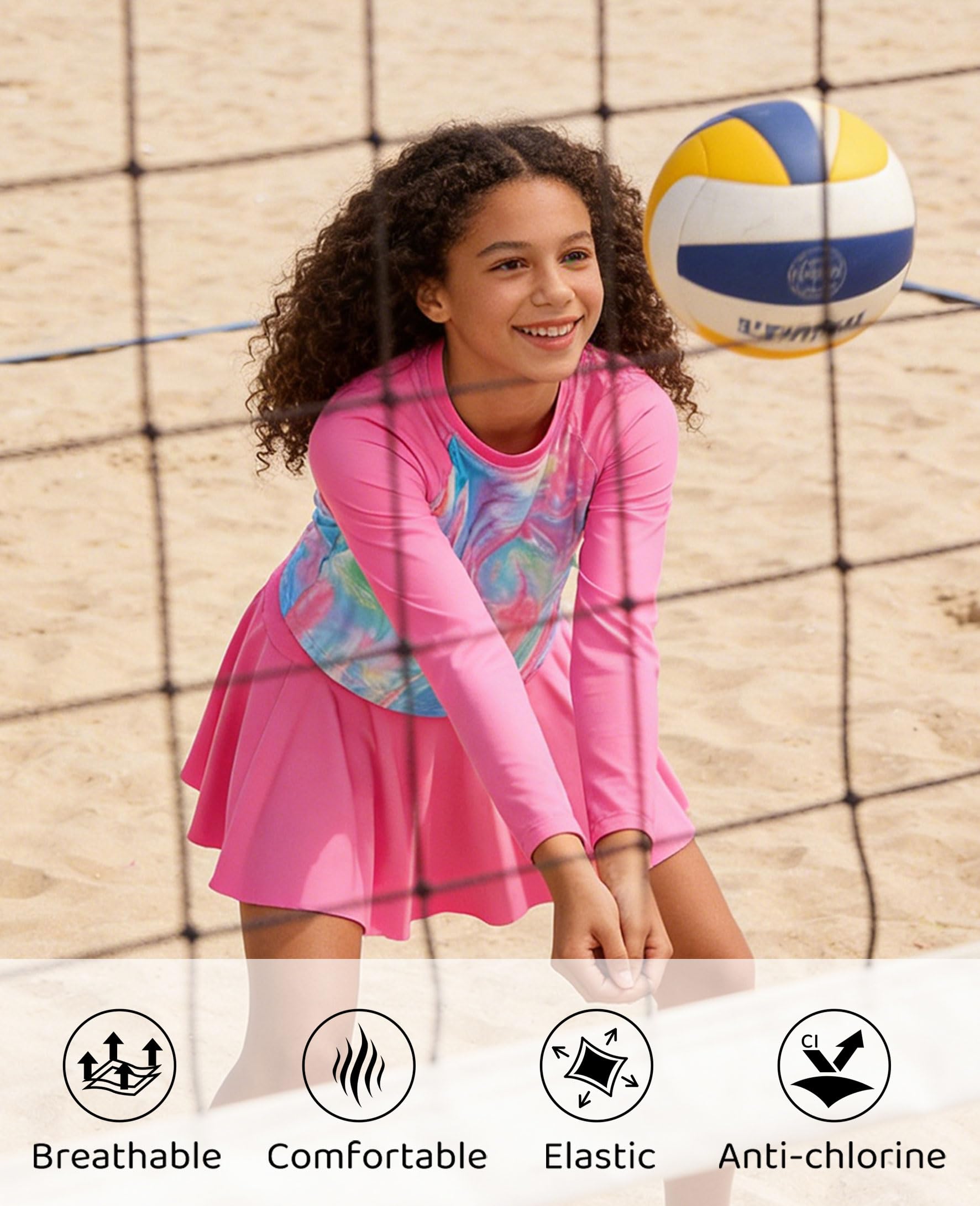 Girl wearing a Pink Sparkly long sleeve rash guard swim skirt set outdoors, showing the comfortable two-piece fit for summer water activities.