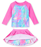 Girls Pink Sparkly long sleeve rash guard swim set with matching skirted bottom, designed with UPF 50+ coverage for beach and pool activities.