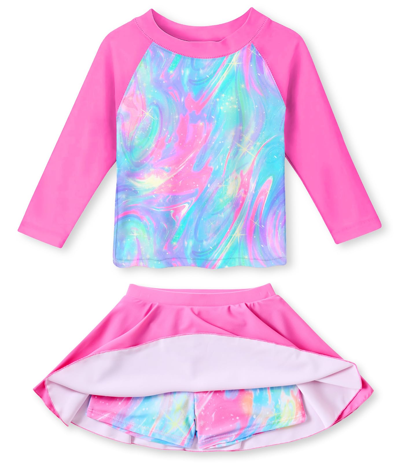 Girls Pink Sparkly long sleeve rash guard swim set with matching skirted bottom, designed with UPF 50+ coverage for beach and pool activities.