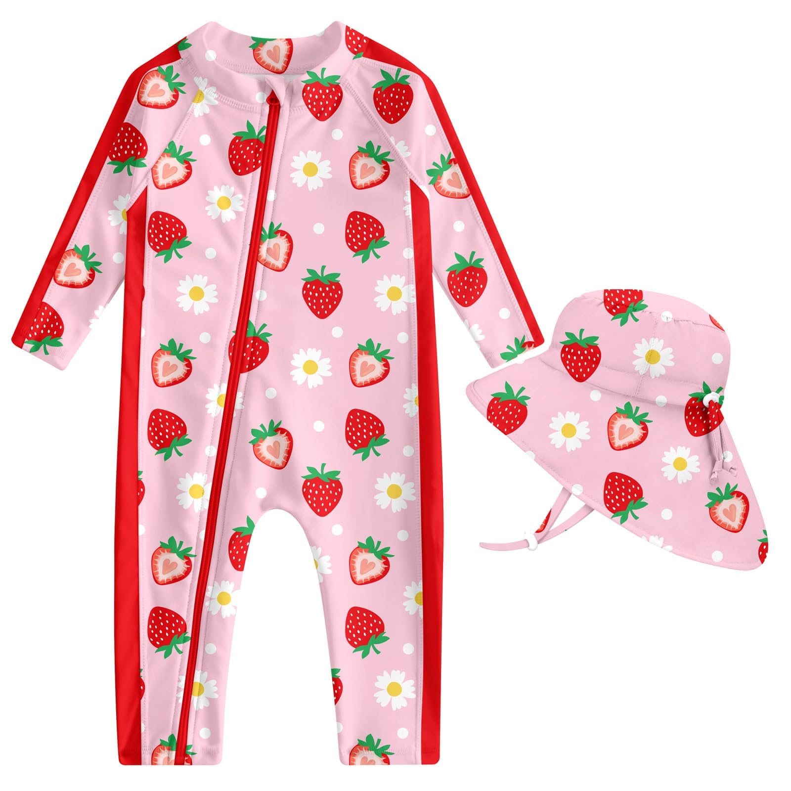 Toddler girls pink strawberry print rash guard swimsuit with long sleeves and matching sun hat for beach, pool and summer vacations.