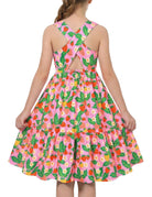 Girls pink strawberry print rainbow strap sundress with playful fruit pattern, perfect summer dress for vacations and casual occasions.
