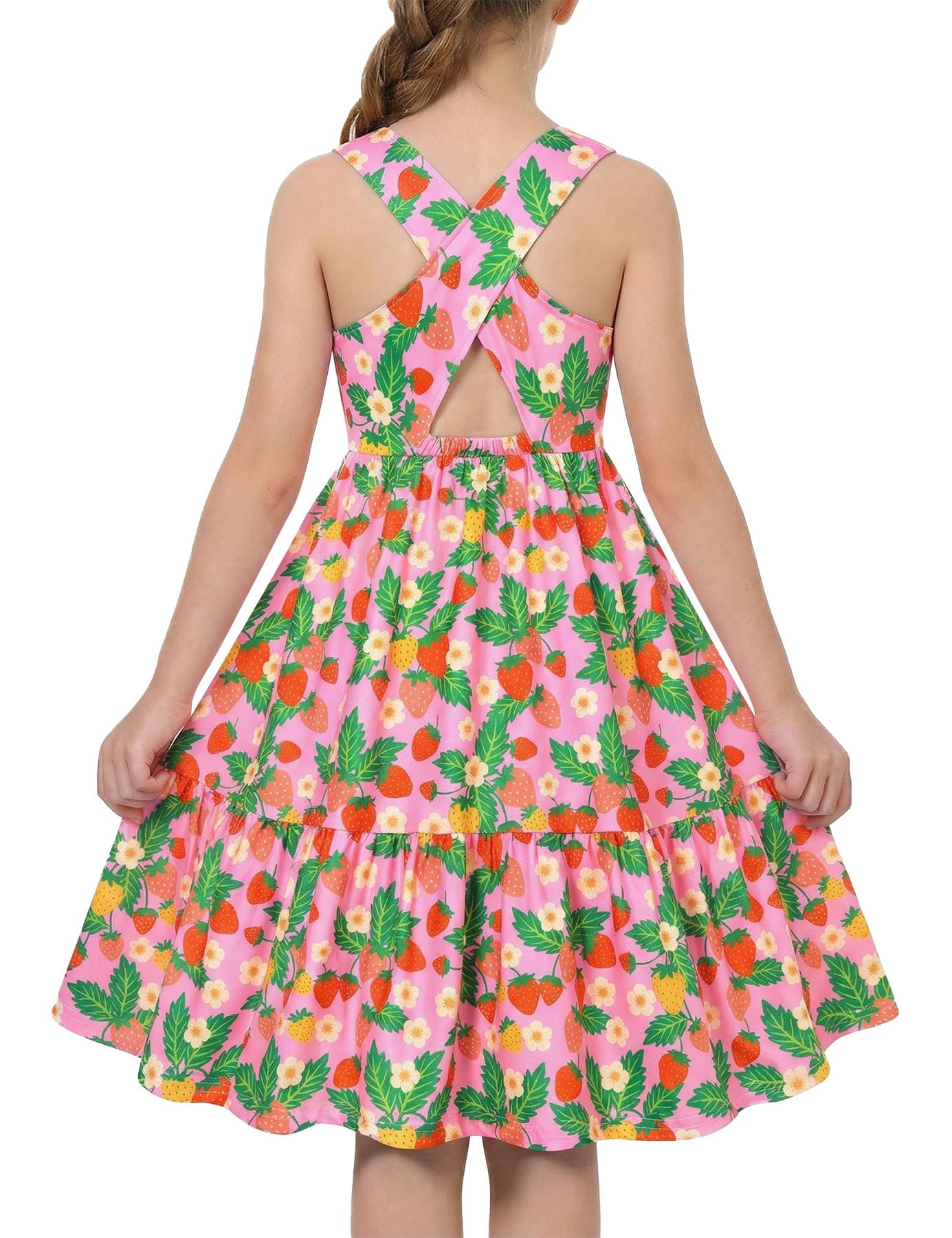 Girls pink strawberry print rainbow strap sundress with playful fruit pattern, perfect summer dress for vacations and casual occasions.