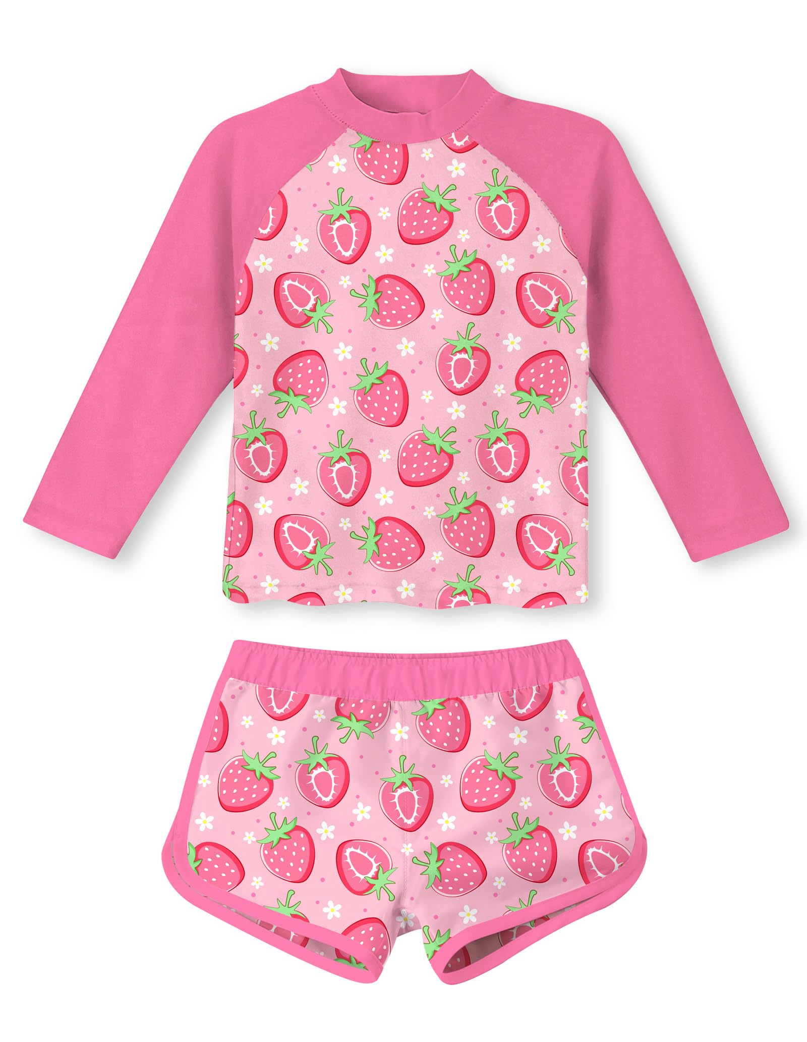 Girls pink strawberry print rash guard swim set with long sleeve top and shorts, adorable kids swimwear for beach and pool days.
