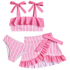Girls pink stripe swimsuit set with ruffle skirt cover up, cute swimming outfit for vacations and pool parties.