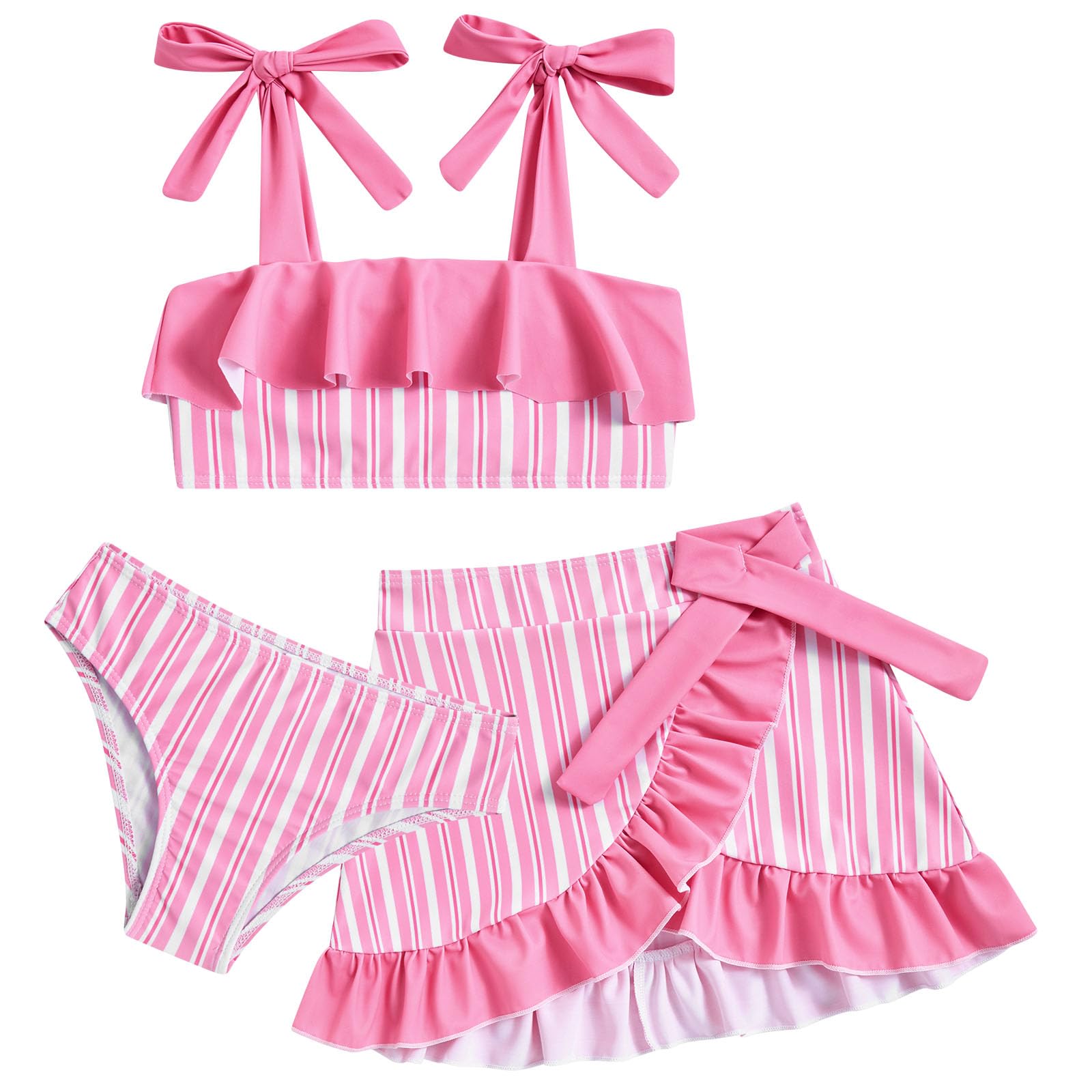 Girls pink stripe swimsuit set with ruffle skirt cover up, cute swimming outfit for vacations and pool parties.