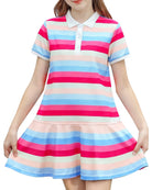 Girls pink striped polo dress with button front and comfortable A-line fit, stylish casual kids dress.