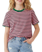 Girls pink striped T shirt with playful design and soft fabric, cute casual top for daily wear.