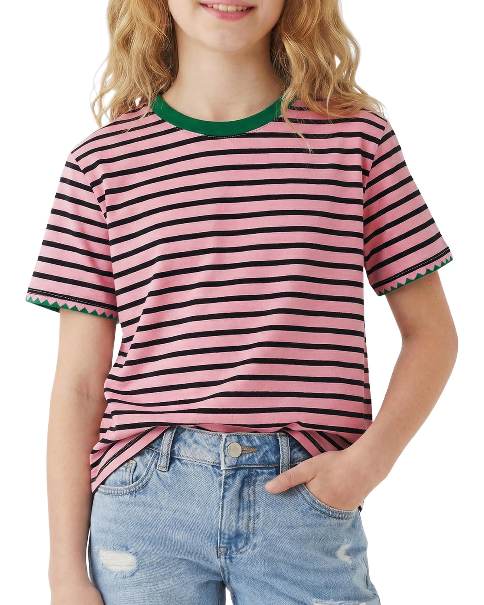Girls pink striped T shirt with playful design and soft fabric, cute casual top for daily wear.