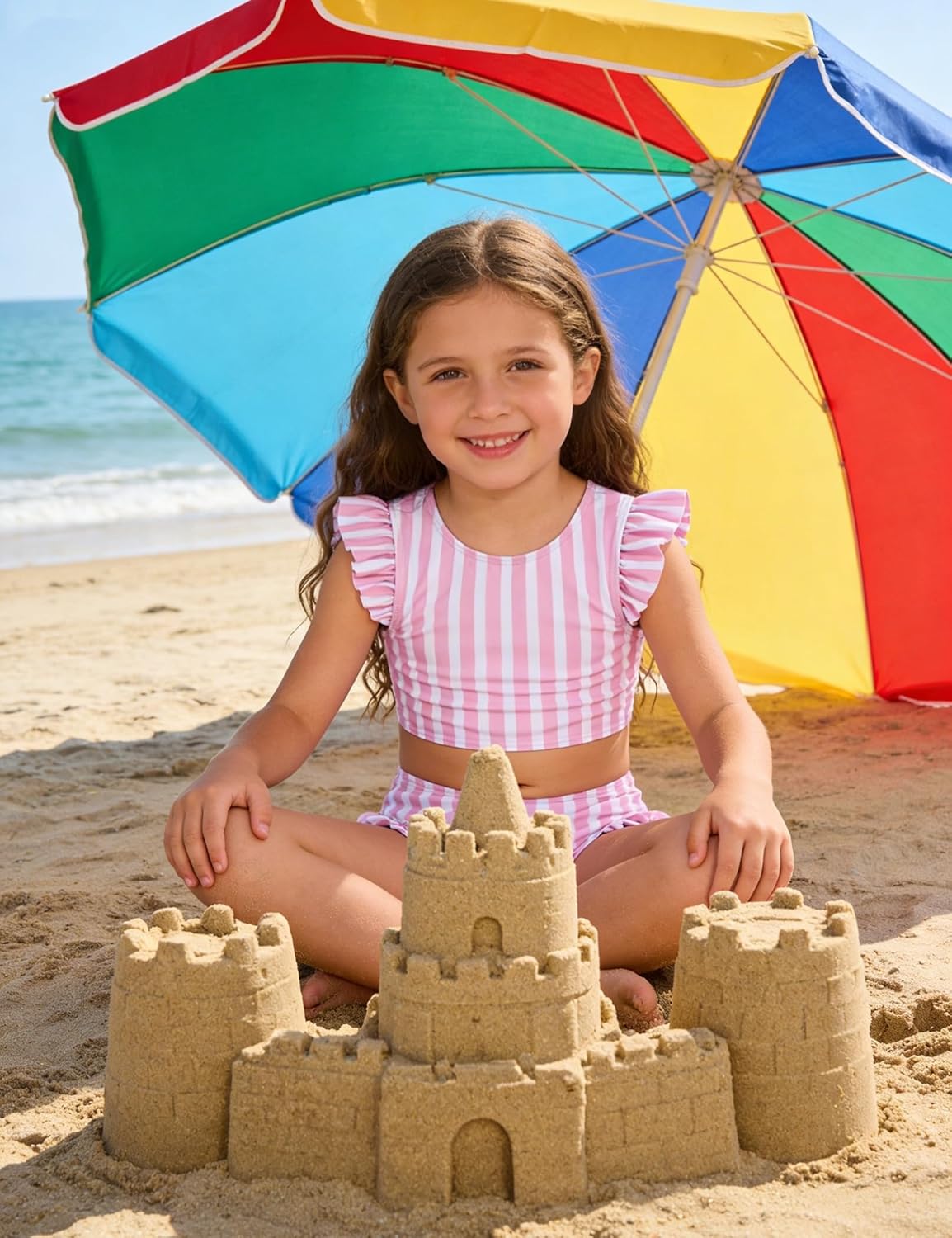 Girl wearing a pink striped two piece swimsuit while playing in the sand under a colorful beach umbrella during a summer beach day.