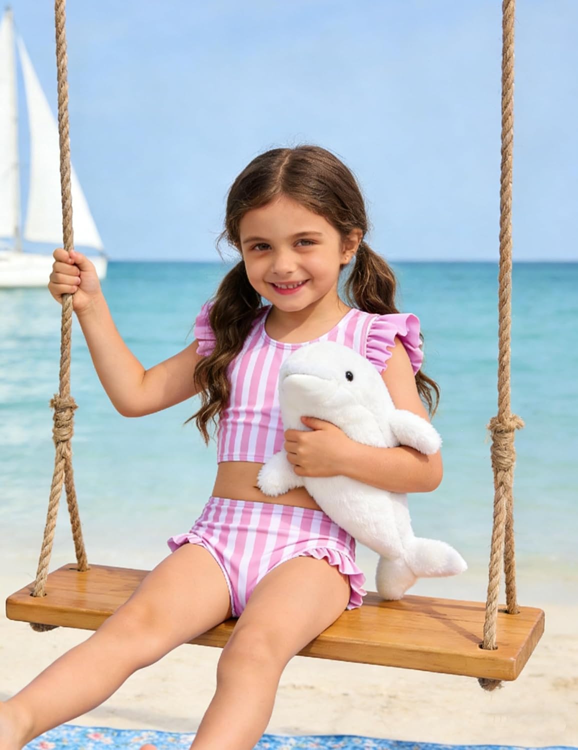 Girl wearing a pink striped ruffle bikini set while sitting on a beach swing by the ocean, styled for summer vacations and beach days.