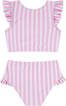 Back view of girls pink striped two piece bikini set showing the ruffle shoulder top and matching high-waist swim bottoms.