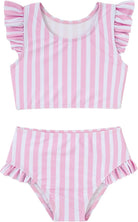 Girls pink striped two piece bikini set with ruffle shoulder top and matching high-waist swim bottoms for beach and pool days.