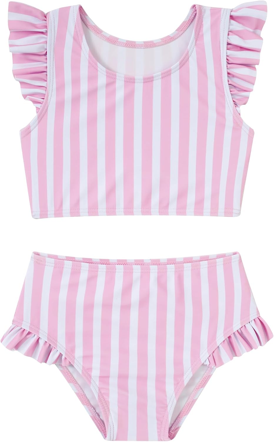 Girls pink striped two piece bikini set with ruffle shoulder top and matching high-waist swim bottoms for beach and pool days.