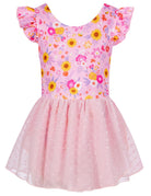 Girls pink sunflower print ballet dress with flutter sleeves and chiffon skirt, beautiful outfit for dance and special occasions.