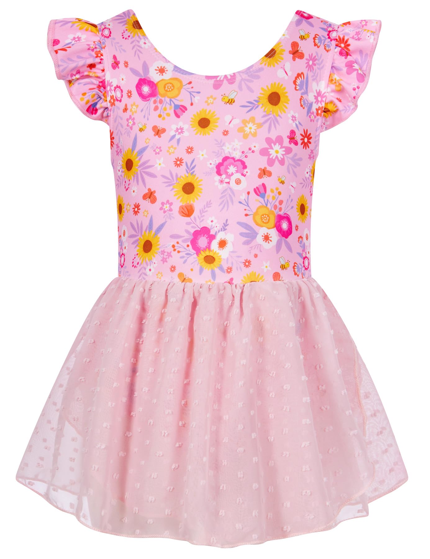 Girls pink sunflower print ballet dress with flutter sleeves and chiffon skirt, beautiful outfit for dance and special occasions.