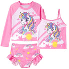 Girls pink unicorn rash guard swimwear set with long sleeve top and tankini shorts, cute summer swimsuit for children.