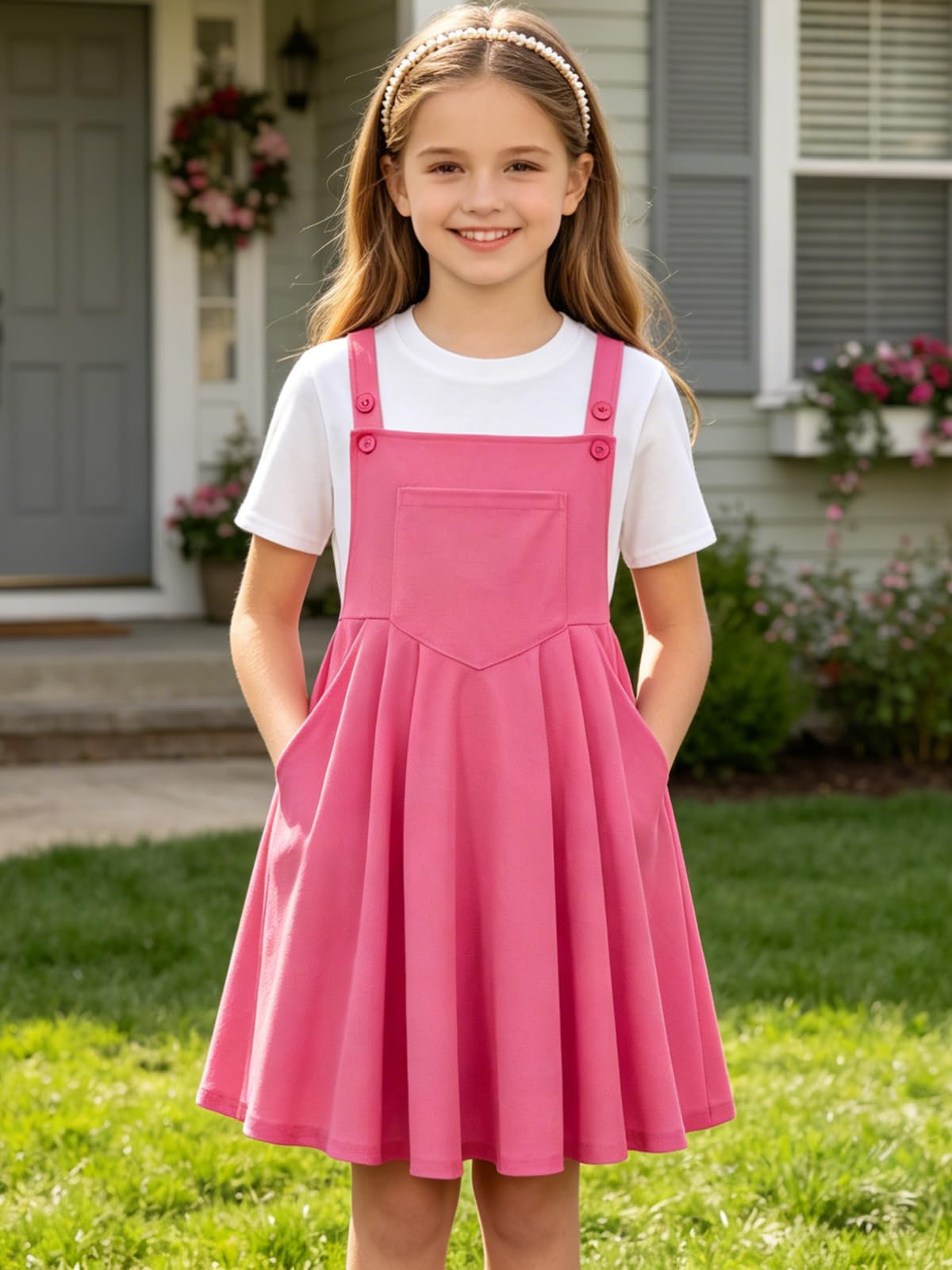 Girl wearing a pink waffle overall dress with a white T shirt, showing the cute layered two piece outfit design for everyday wear.